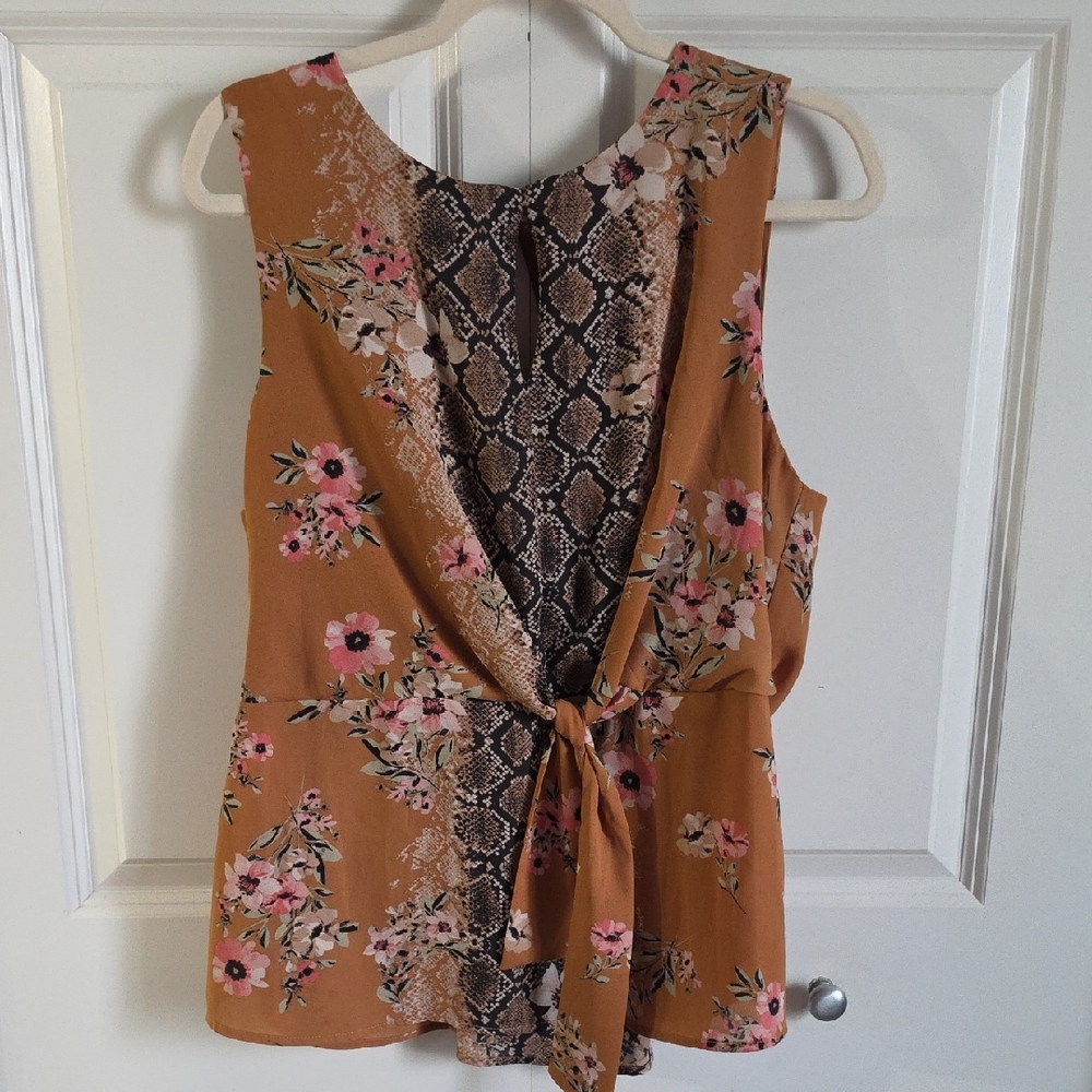 Luxology Mustard Floral sleeveless keyhole tie front Camisole with Snake-Print